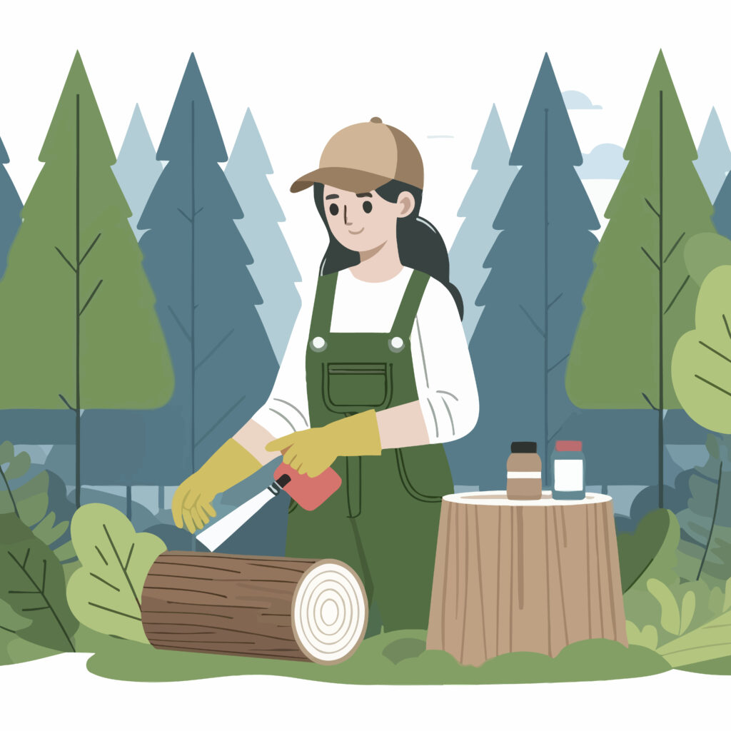 Traballadora forestal cortando leña no monte