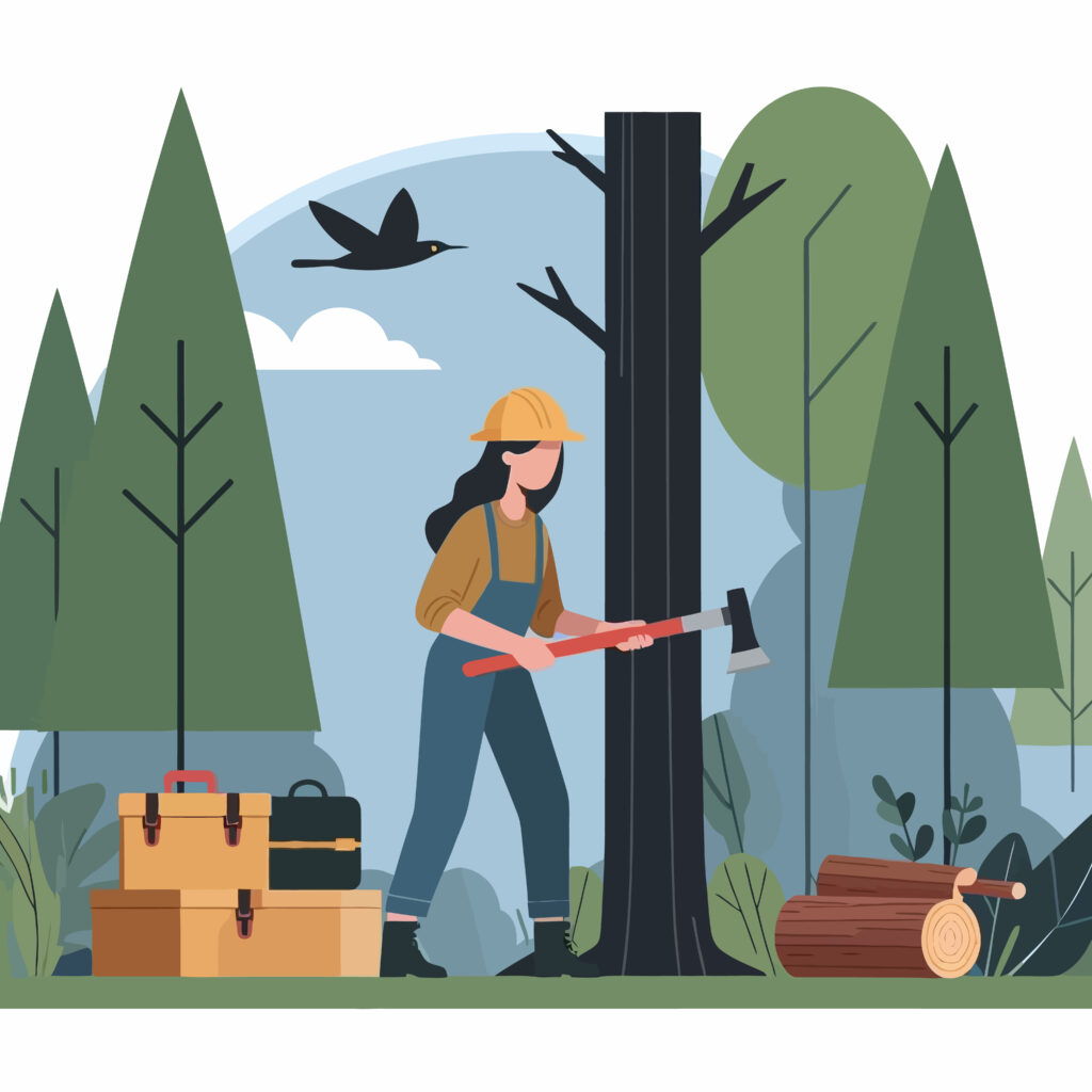 Traballadora forestal cun machado nun bosque