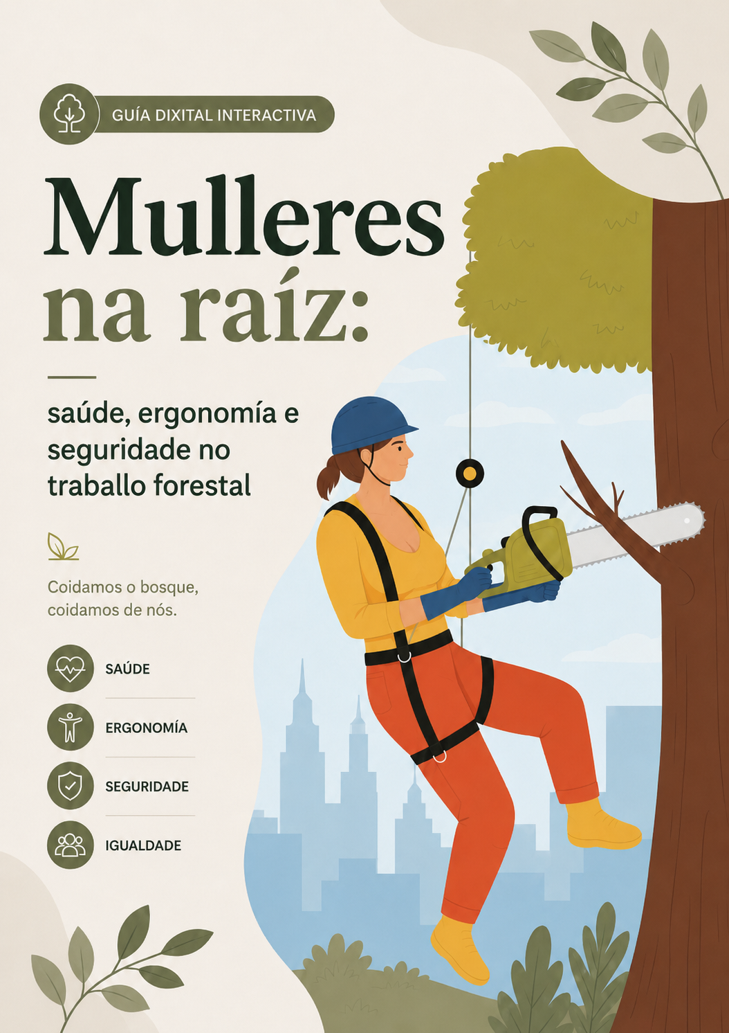 Portada da guía Mulleres na raíz: saúde, ergonomía e seguridade no traballo forestal